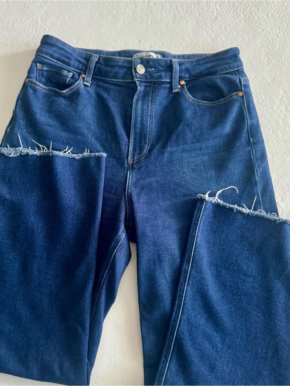 PAIGE Dark Indigo Straight Leg Jeans with Raw Hem